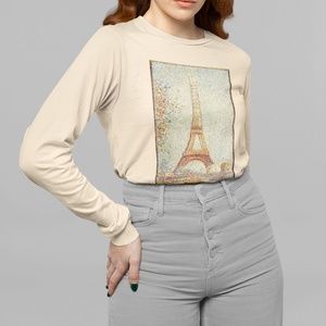 Eiffel Tower Paris Cityscape VTG Print Long Sleeve Graphic Tee T-shirt S M L XL